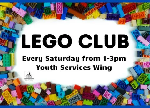 A bunch of Legos bordering the words Lego Club.