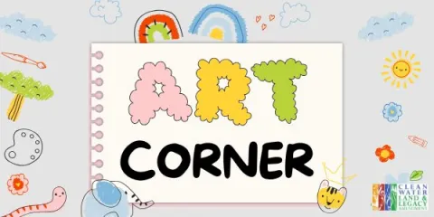 Graphic with child-like colorful doodles in crayon surrounding a white piece of unlined paper that has "ART CORNER" written on it. "ART" is in pink, yellow, and green bubble letters and "CORNER" is in black bold text. 