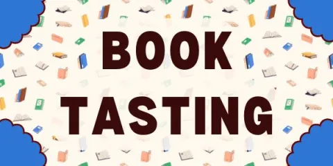 Beige background with a multicolored book pattern. "BOOK TASTING" is written in dark brown, bold text. Blue decals with a brown outline are in all four corners. 