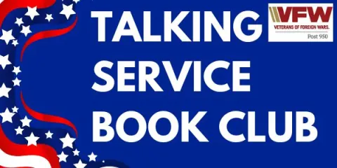 Blue background with red, white, and blue stripes and stars decal in left corner. "Talking Service Book Club" is written in white text in the center of the image. The Veterans' of Foreign Wars Post 950 logo is in the top right corner. 