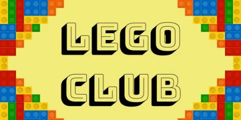 Yellow background with LEGOs creating triangles in all four corners of the image. "LEGO CLUB" is written in black block-like bubble text in the center of the graphic. 