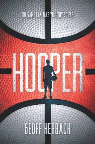 Gray and red background that has the style of a basketball. In the center in white text, "HOOPER" is written. A black shadow of a basketball player is in the forefront of the title.