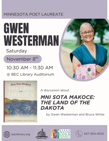 Photo of author Gwen Westerman with text that describes the location and date of the event. Picture of her and Bruce White's book is located in bottom left corner. Flyer is white with purple header and footer blocks. 