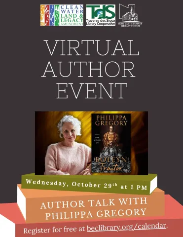 Brown background with a stack of books in the middle. On top of the books, there is a photo of Philippa Gregory and her new book "Boleyn Traitor."