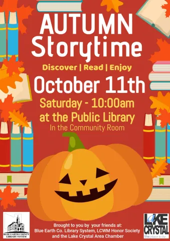 Red background with fall elements. A big orange cartoon jack-o-lantern is smiling. Details for the event is in white text. 