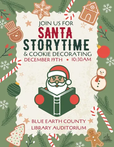 Creen background with Christmas cookies and treats bordering a beige sheet of paper. The event information is listed in festive green and red font. There is an image of Santa reading a book in the center. 