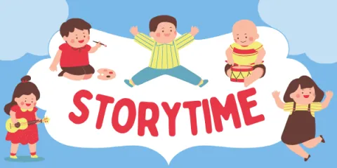 Blue sky-like background with a white cloud in the middle. Cartoon kids are smiling and dancing all around the cloud, and in the center of the cloud, "Storytime" is written in all caps in red text. 