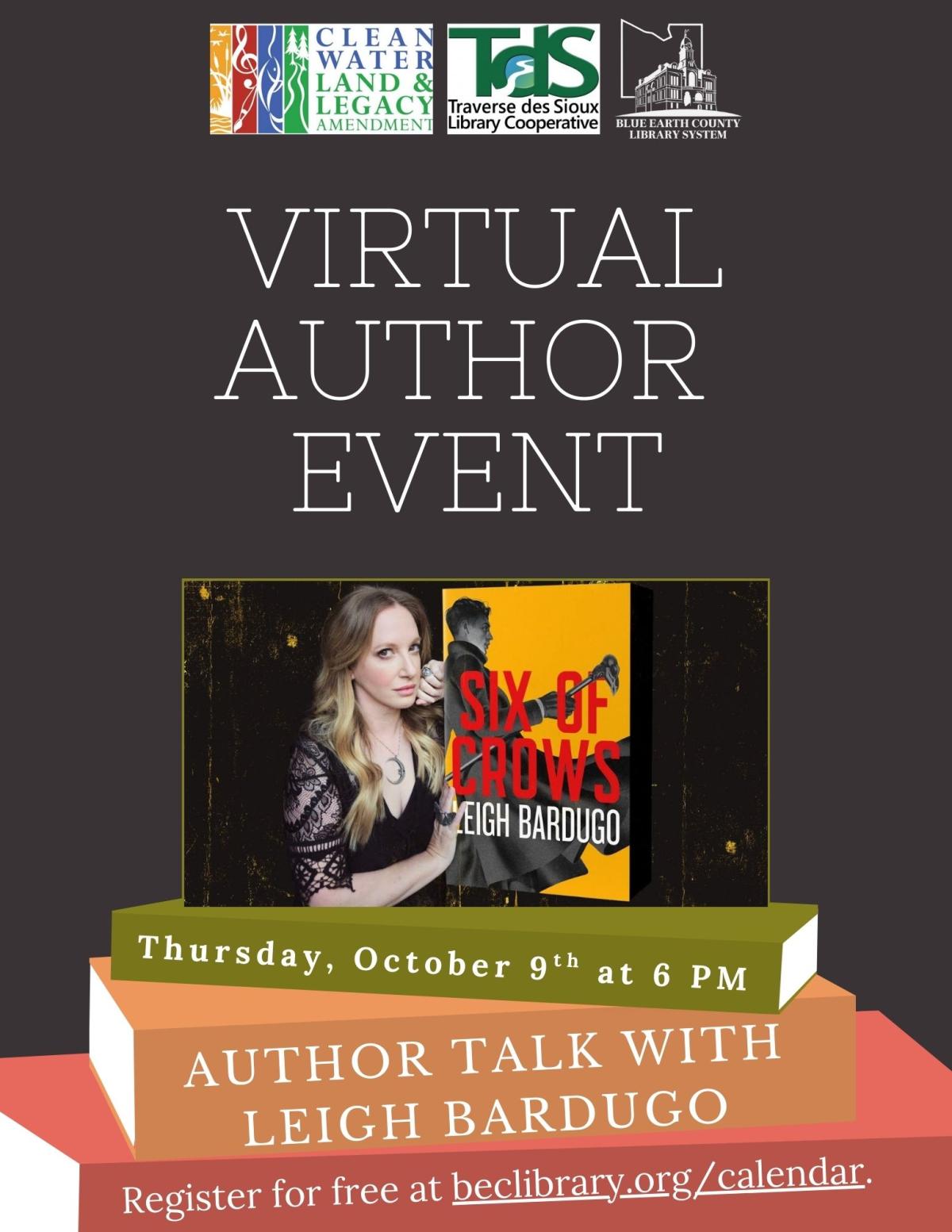 Picture of author, Leigh Bardugo and her book Six of Crows